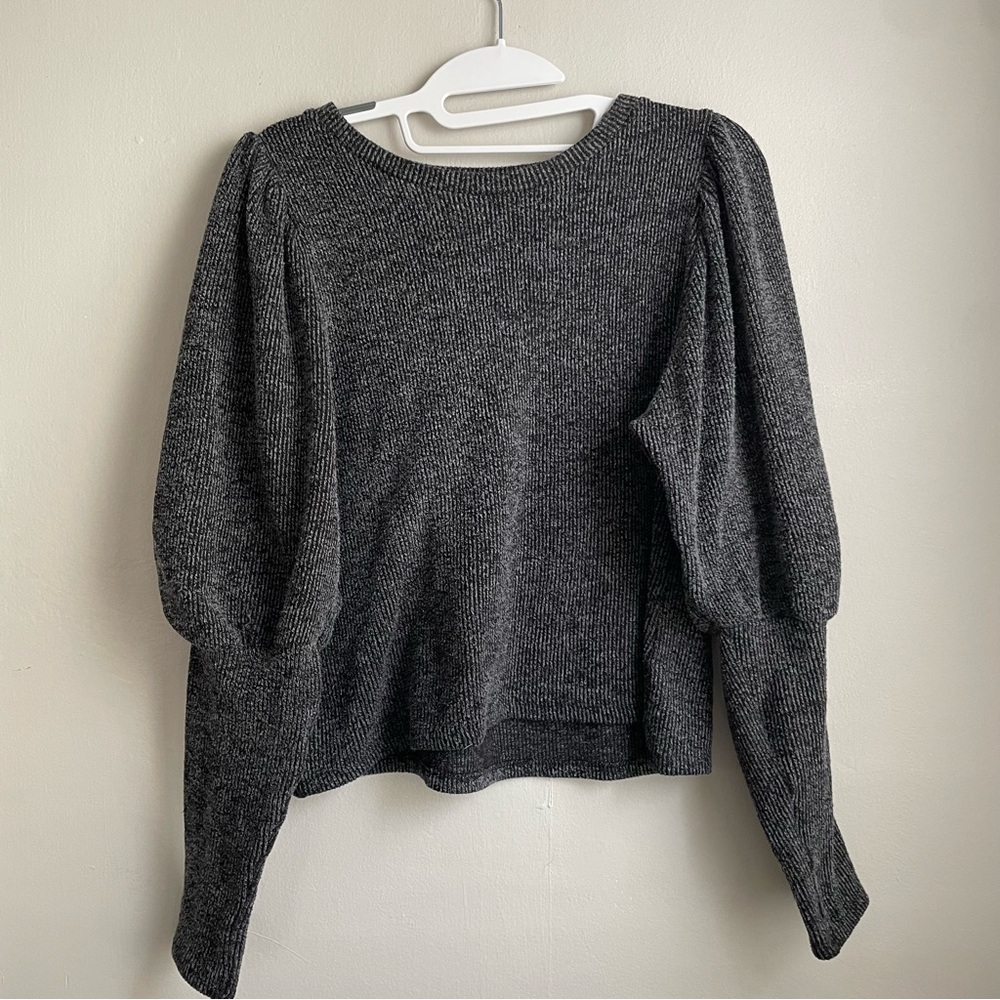 Zara Ribbed Puff Sleeve Sweater Charcoal Gray Balloon Sleeve Knit Top Large